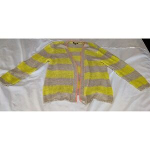 Cable & Gauge Cardigan Women Large Tan Neon Yellow Fair Striped V-Neck Sweater